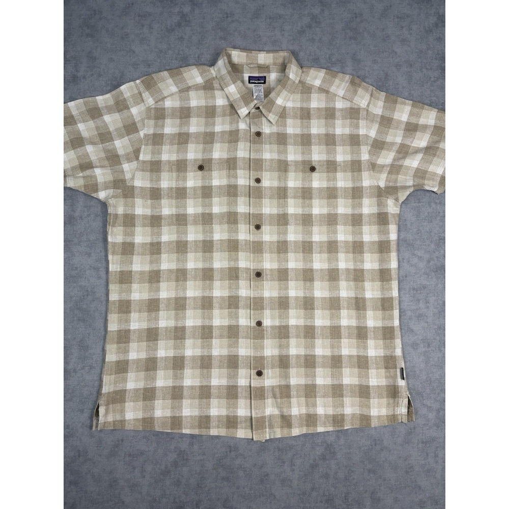 Patagonia Men's XXL Hemp Organic Cotton Plaid Short Sleeve Button Shirt Beige